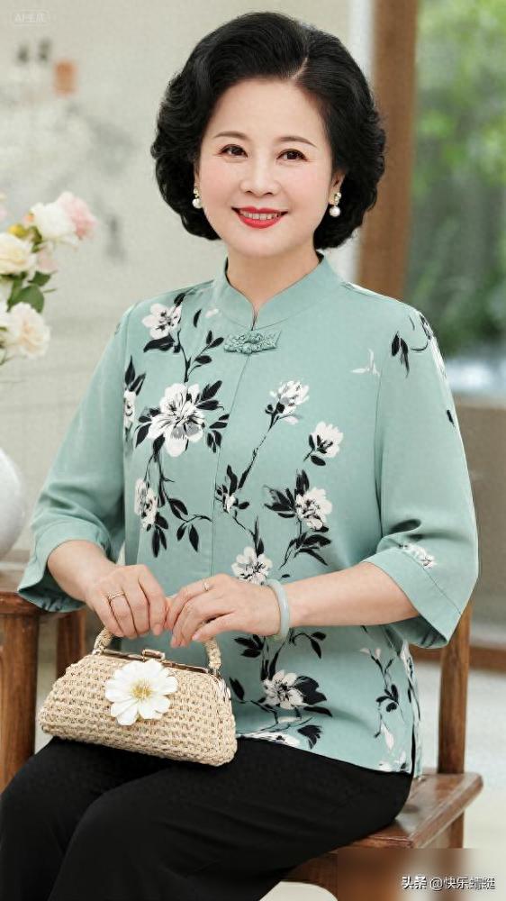 问鼎娱乐下载链接入口 中老年女士夏季穿搭：极浅薄荷绿泼墨黑白花卉小衫上衣